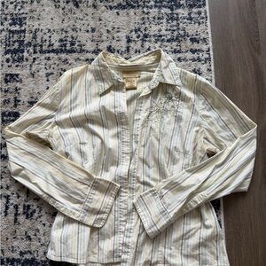 Women's Button-Down Striped Shirt with Floral Embroidery - Light Green